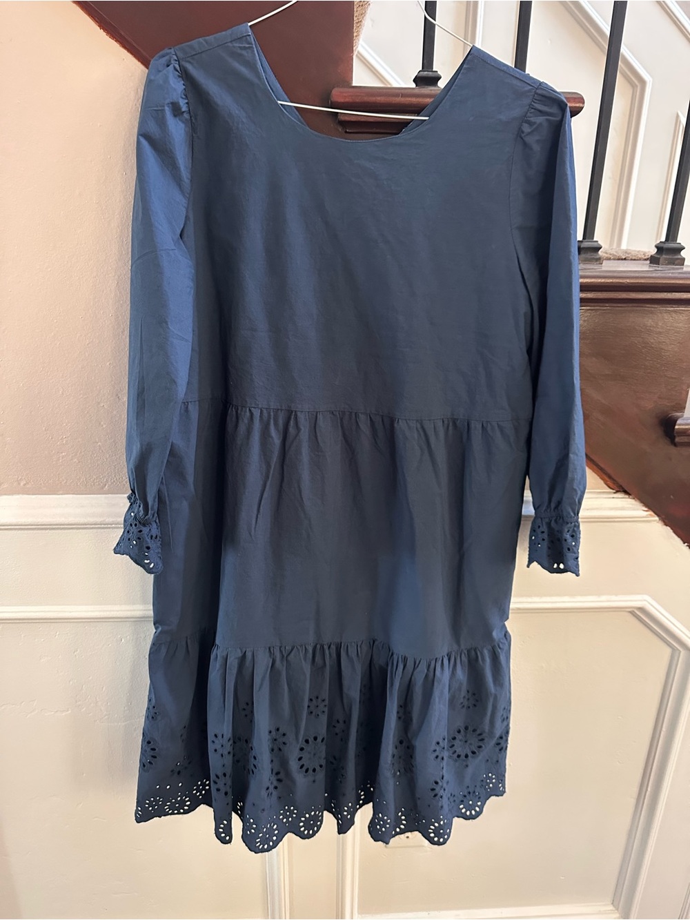 Blue Eyelet-Tiered Midi Dress with Lace Cuffs